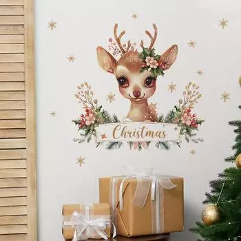 Рождественский олень Английский слоган Зеленое растение Спальня Гостиная Кабинет Фон Ландшафтный дизайн Наклейка на стену 39*39CM/fun-f225