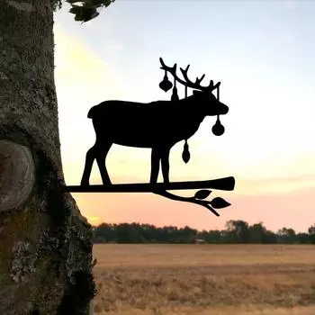 Рождественский олень на ветке, металлический силуэт, настенный декор для дома, сада, двора, патио и уличного украшения светло-серый