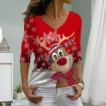 Рождественский олень с принтом женские футболки женские топы с длинным рукавом V-образный вырез пуловер женские футболки футболка для женщин XS красный