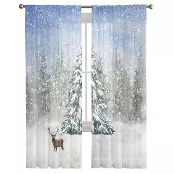 Рождественский олень Снежинка Спальня Прозрачные прозрачные шторы Праздничное украшение Окно Вуаль Тюлевая занавеска 135W x 114H(cm)