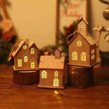 Рождественский орнамент дома, деревянный маленький со светящимся окном, романтическое ремесло, настольное подвесное светодиодное украшение дома A
