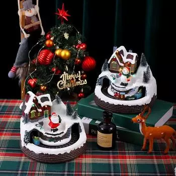 Рождественский орнамент, красочные огни, музыка, вращающийся поезд, украшение из смолы для рождественского подарка, украшение дома Santa Claus