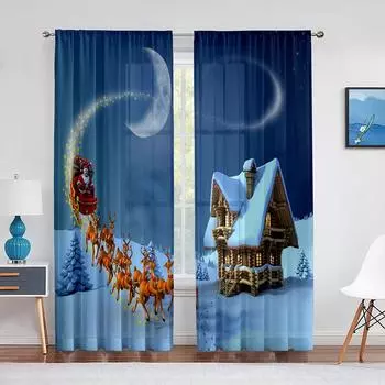 Рождественский пейзаж Санта-Доставка Подарков Прозрачная Вуаль Шторы Лось Окна Тюлевые Шторы для Гостиной Кухни Спальня Декор 1 PCS W100XH250cm&Rod Pocket