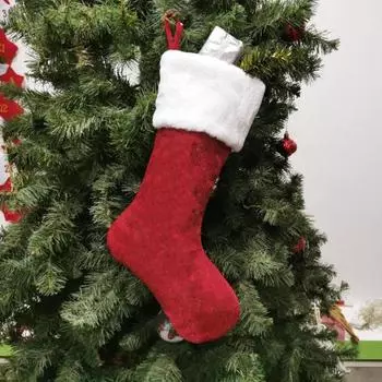 Рождественский подарочный пакет для носков, вязаный контрастного цвета, толстый, мягкий, плюшевый, большой вместительности, подвесной обруч, праздничный толстый новогодний мешок для конфет красный