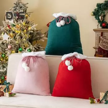 Рождественский подарочный пакет с цветным дизайном, плюшевый подарочный пакет, праздничный мешок Санты с помпонами, веревка для хранения украшений для вечеринки 1pc красный