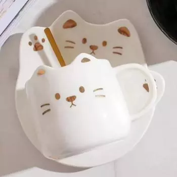 Рождественский подарок, керамическая чашка с котом, кофейная чашка, крышка для тарелки, послеобеденный чай, пара, девушка, сердце, милая, премиум-класса с тарелкой и ложкой, кружка