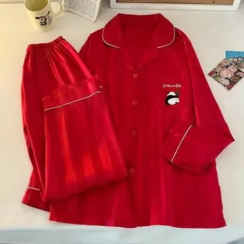 Рождественский подарок, красный пижамный комплект для женщин, штаны из двух предметов с длинными рукавами, повседневная шелковая одежда для сна на каждый день, элитная изысканная пижама с принтом M красный