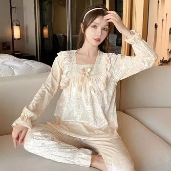 Рождественский подарок осень-зима пижама мода сладкий утолщенный теплый пижама однотонный кружевной оборки золотистый бархат пижама женская домашняя одежда M