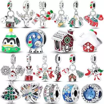 Рождественский подарок Подвески из бисера из стерлингового серебра 925 пробы Снежинка Лось Санта-Клаус Подвеска в виде рождественской елки Подходит для оригинального нового браслета Ювелирные изделия зелёный