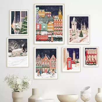 Рождественский подарок, путешествие, Лондон, Париж, Прага, настенная живопись на холсте, праздничные постеры для коттеджа и принты для гостиной, домашний декор 21x30cm No Framed красный