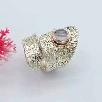 Рождественский подарок Розовый кварц Драгоценный камень Художественное кольцо Ювелирные изделия из стерлингового серебра 925 пробы 6 серебряный