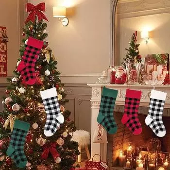 Рождественский подарок в виде конфет, чулок, клетчатые носки с принтом снежинки и собаки, сумка, украшение для рождественской елки One Size