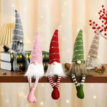 Рождественский подарок в виде сидящей фигурки, украшение в виде полосатой вязаной шапки, кукла с длинными ногами Рудольф, домашний декор красный