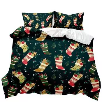 Рождественский пододеяльник с рождественской елкой и чулками на зеленом фоне Комплект постельного белья для двоих с двуспальной кроватью размера «king-size» и полиэстеровым одеялом 70x133cm 2pcs