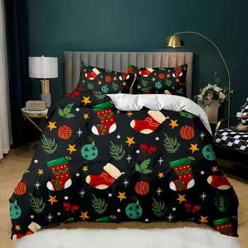 Рождественский пододеяльник с рождественской елкой и чулками на зеленом фоне Комплект постельного белья для двоих с двуспальной кроватью размера «king-size» и полиэстеровым одеялом EU single(135x200cm)