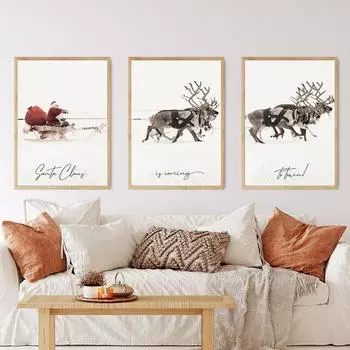 Рождественский постер Санта-Клаус и Лось доставляют подарки в снегу Картина на холсте Художественная печать Настенная картина для гостиной Домашний декор 21x30cm No Framed