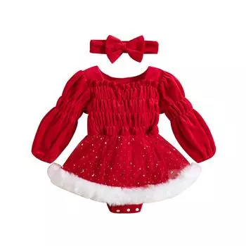 Рождественский повседневный комбинезон для маленьких девочек, красный комбинезон с рюшами и принтом звезды и луны, с длинными рукавами и повязкой на голову 3-6 Months красный