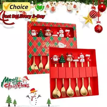 Рождественский праздничный набор столовых приборов из нержавеющей стали, 6 предметов - очаровательные ложки и вилки в виде мультяшных фигурок, подарочный набор для столовой для общего пользования 6PC зелёный