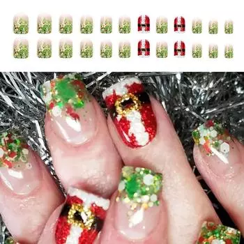Рождественский праздничный пресс на ногтях 24 шт. акриловые круглые короткие накладные ногти наклеиваются на ногти для женщин и девочек украшение ногтей