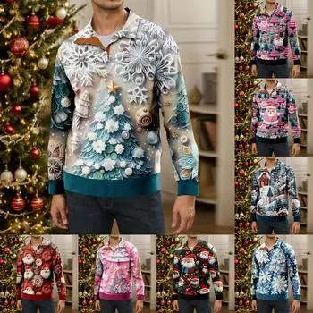 Рождественский принт, 3 пуговицы - мужская толстовка с воротником-стойкой, повседневная толстовка с капюшоном и пряжкой XL