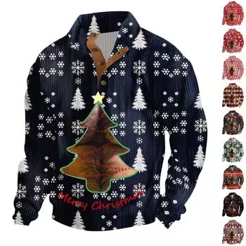 Рождественский принт, 3 пуговицы - мужская толстовка с воротником-стойкой, повседневная толстовка с капюшоном и пряжкой L