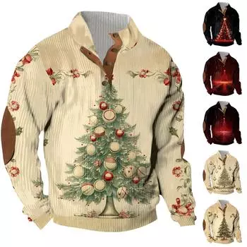 Рождественский принт, 3 пуговицы - мужская толстовка с воротником-стойкой, повседневная толстовка с капюшоном и пряжкой XXXL