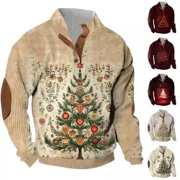 Рождественский принт, 3 пуговицы - мужская толстовка с воротником-стойкой, повседневная толстовка с капюшоном и пряжкой M хаки