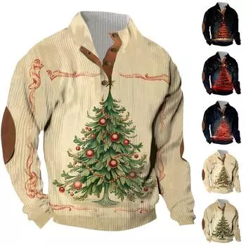 Рождественский принт, 3 пуговицы - мужская толстовка с воротником-стойкой, повседневная толстовка с капюшоном и пряжкой L