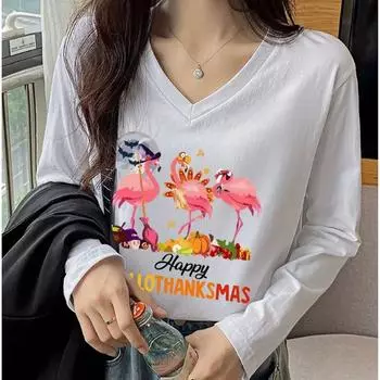 Рождественский принт фламинго женские футболки женские топы с длинным рукавом V-образный вырез пуловер женские футболки футболка для женщин XS белый