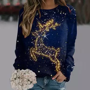 Рождественский принт оленя Толстовки с капюшоном Женская мода Длинный рукав Круглый вырез Толстовка с капюшоном Женская мода Одежда 2024 Повседневные топы S