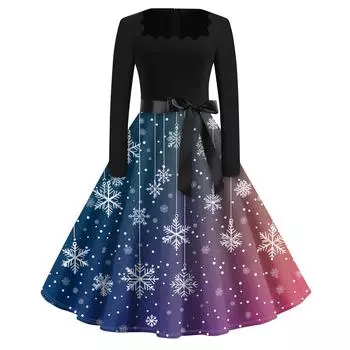 Рождественский принт расклешенное платье для женщин платье с длинным рукавом ажурное вечернее повседневное платье с квадратным воротником L