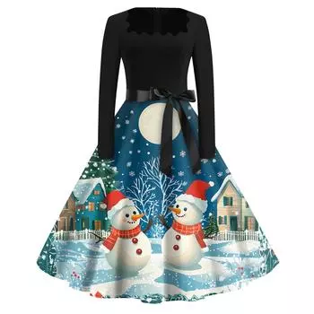 Рождественский принт расклешенное платье для женщин платье с длинным рукавом ажурное вечернее повседневное платье с квадратным воротником L