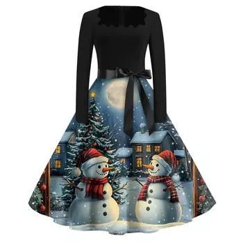 Рождественский принт расклешенное платье для женщин платье с длинным рукавом ажурное вечернее повседневное платье с квадратным воротником L
