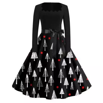Рождественский принт расклешенное платье для женщин платье с длинным рукавом ажурное вечернее повседневное платье с квадратным воротником L