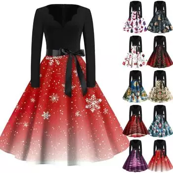 Рождественский принт расклешенное платье для женщин платье с длинным рукавом полые вечерние повседневные платья XL тёмно-синий
