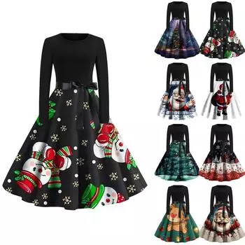 Рождественский принт расклешенное платье для женщин платье с длинным рукавом полые вечерние повседневные платья S чёрный