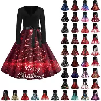 Рождественский принт расклешенное платье для женщин платье с длинным рукавом полые вечерние повседневные платья L зелёный