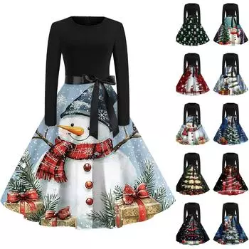Рождественский принт расклешенное платье для женщин платье с длинным рукавом полые вечерние повседневные платья S красный