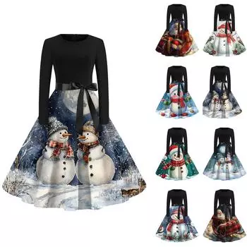 Рождественский принт расклешенное платье для женщин платье с длинным рукавом полые вечерние повседневные платья S циан