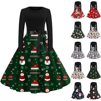 Рождественский принт расклешенное платье для женщин платье с длинным рукавом полые вечерние повседневные платья XXL зелёный
