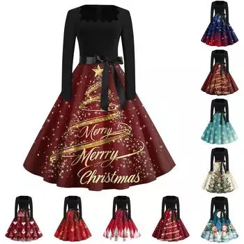 Рождественский принт расклешенное платье для женщин платье с длинным рукавом ажурное вечернее повседневное платье с квадратным воротником XL