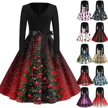 Рождественский принт расклешенное платье для женщин платье с длинным рукавом полые вечерние повседневные платья L синий