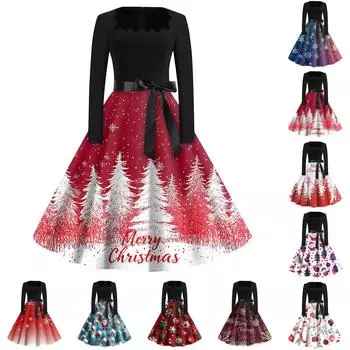 Рождественский принт расклешенное платье для женщин платье с длинным рукавом ажурное вечернее повседневное платье с квадратным воротником L винный