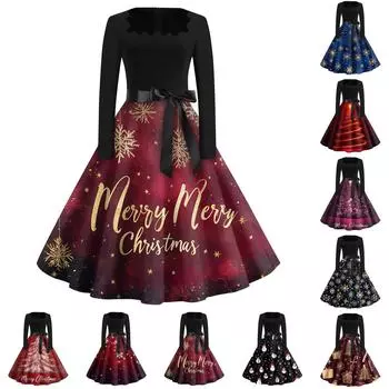 Рождественский принт расклешенное платье для женщин платье с длинным рукавом ажурное вечернее повседневное платье с квадратным воротником S чёрный