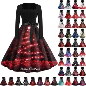 Рождественский принт расклешенное платье для женщин платье с длинным рукавом ажурное вечернее повседневное платье с квадратным воротником XXL красный