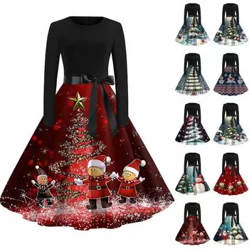 Рождественский принт расклешенное платье для женщин платье с длинным рукавом полые вечерние повседневные платья XXXL