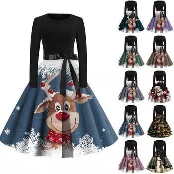 Рождественский принт расклешенное платье для женщин платье с длинным рукавом полые вечерние повседневные платья XXL чёрный