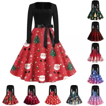 Рождественский принт расклешенное платье для женщин платье с длинным рукавом ажурное вечернее повседневное платье с квадратным воротником XXL винный