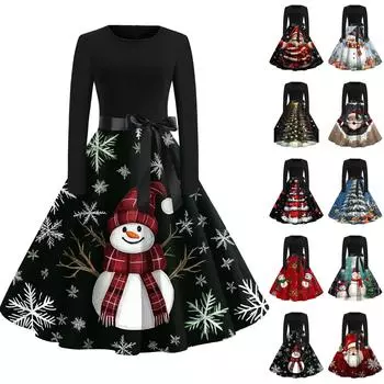Рождественский принт расклешенное платье для женщин платье с длинным рукавом полые вечерние повседневные платья XXL циан