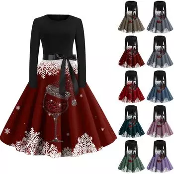Рождественский принт расклешенное платье для женщин платье с длинным рукавом полые вечерние повседневные платья M тёмно-синий